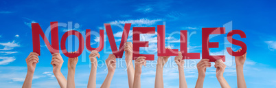 People Hands Holding Word Nouvelles Means News, Blue Sky