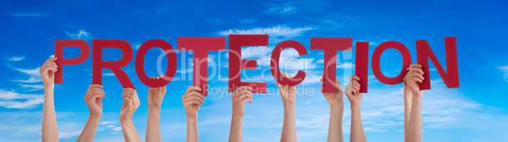 People Hands Holding Word Protection, Blue Sky