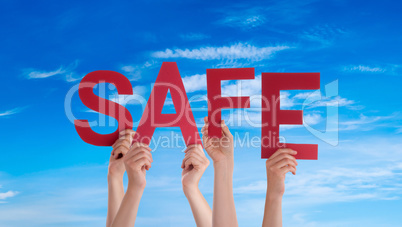 People Hands Holding Word Safe, Blue Sky