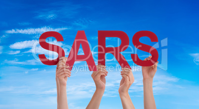 People Hands Holding Word SARS, Blue Sky