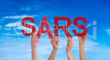 People Hands Holding Word SARS, Blue Sky