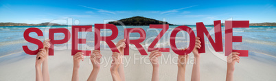 People Hands Holding Word Sperrzone Means Prohibited Area, Ocean Background