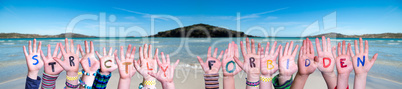 Children Hands Building Word Strictly Forbidden, Ocean Background