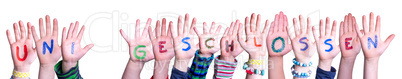 Hands Building Word Uni Geschlossen Means University Closed, Isolated Background
