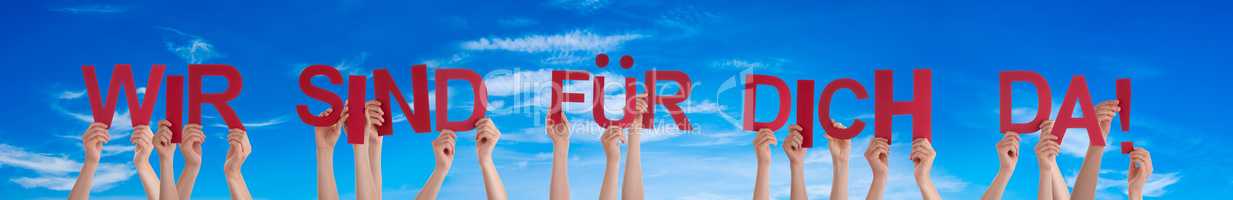 People Hands Holding Wir Sind Fuer Dich Da Means We Are Here For You, Blue Sky
