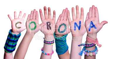 Children Hands Building Word Corona, Isolated Background