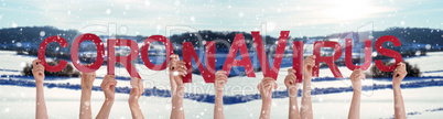 People Hands Holding Word Coronavirus, Snowy Winter Background