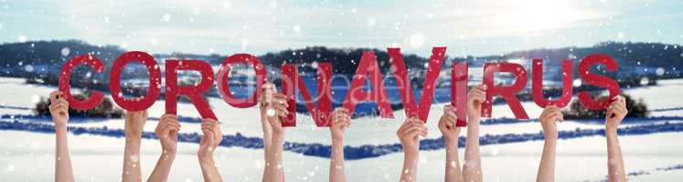 People Hands Holding Word Coronavirus, Snowy Winter Background