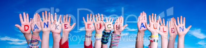 Kids Hands Holding Word Danke Euch Allen Means Thank You All, Blue Sky
