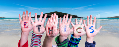 Children Hands Building Word Ethics, Ocean Background