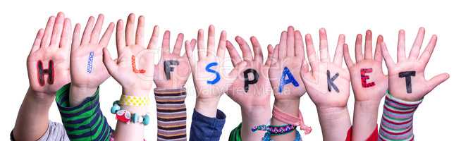 Children Hands Building Word Hilfspaket Means Aid Package, Isolated Background