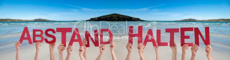 People Hands Holding Word Abstand Halten Means Keep Distance, Ocean Background