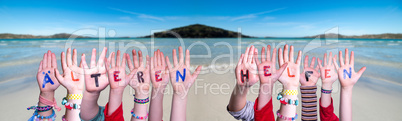 Kids Hands Holding Word Aelteren Helfen Means Help Elderly, Ocean Background