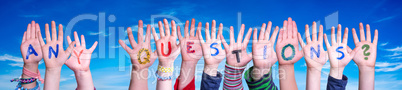 Children Hands Building Word Any Questions, Blue Sky