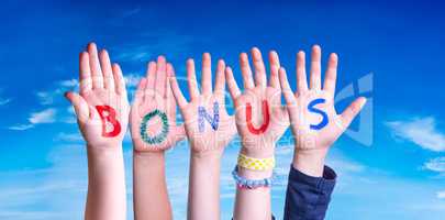 Children Hands Building Word Bonus, Blue Sky