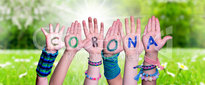 Children Hands Building Word Corona, Grass Meadow