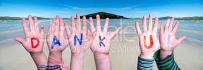 Children Hands Building Word Dank U Means Thank You, Ocean Background