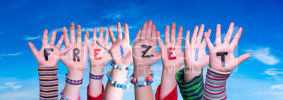 Children Hands Building Word Freizeit Means Leisure, Blue Sky