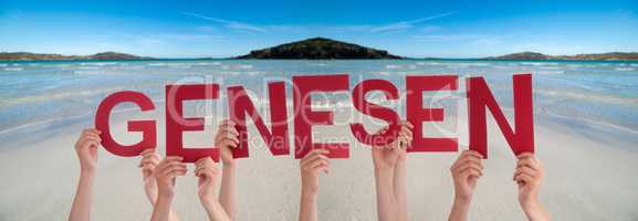 People Hands Holding Word Genesen Means Recover, Ocean Background
