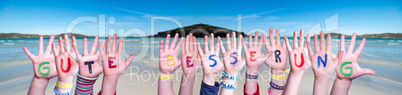 Children Hands Building Word Gute Besserung Mean Get Well Soon, Ocean Background