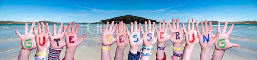 Children Hands Building Word Gute Besserung Mean Get Well Soon, Ocean Background