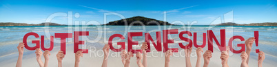 People Hands Holding Word Gute Genesung Means Get Well Soon, Ocean Background