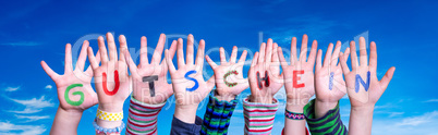Children Hands Building Word Gutschein Means Voucher, Blue Sky