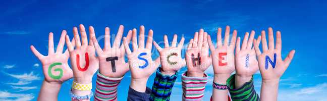 Children Hands Building Word Gutschein Means Voucher, Blue Sky