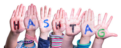 Children Hands Building Word Hashtag, Isolated Background