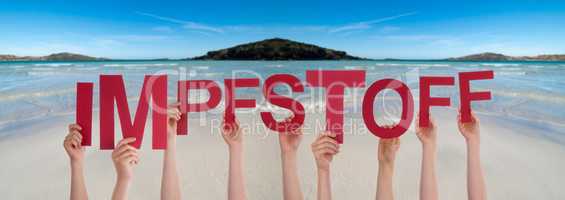 People Hands Holding Word Impfstoff Means Vaccine, Ocean Background