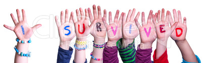 Children Hands Building Word I Survived, Isolated Background