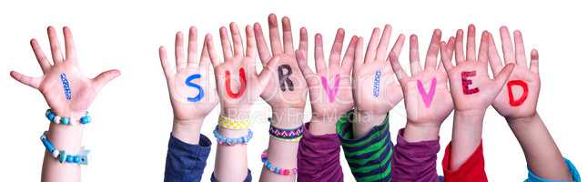 Children Hands Building Word I Survived, Isolated Background