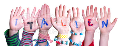 Children Hands Building Word Italien Means Italy, Isolated Background