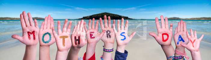 Children Hands Building Word Mothers Day, Ocean Background