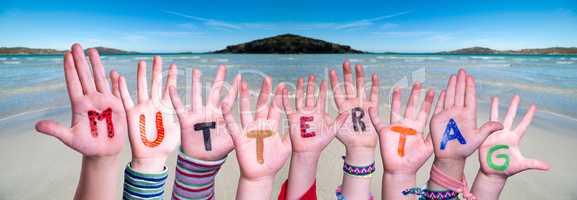 Children Hands Building Word Muttertag Means Mother Day, Ocean Background