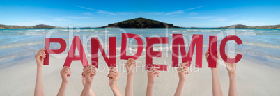 People Hands Holding Word Pandemic, Ocean Background