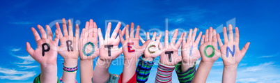 Kids Hands Holding Word Protection, Blue Sky