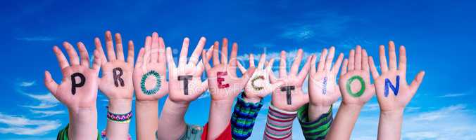 Kids Hands Holding Word Protection, Blue Sky