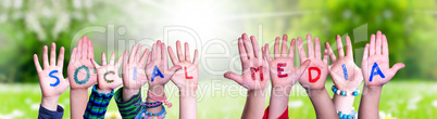 Children Hands Building Word Social Media, Grass Meadow