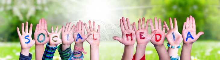 Children Hands Building Word Social Media, Grass Meadow