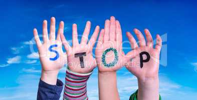 Children Hands Building Word Stop, Blue Sky