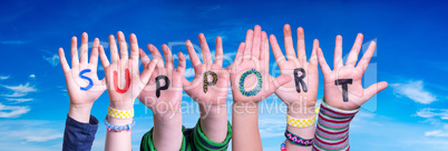 Children Hands Building Word Support, Blue Sky