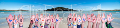 Hands Building Wir Halten Zusammen Means Together We Are Stron, Ocean Background