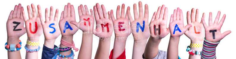 Kids Hands Holding Word Zusammenhalt Means Togetherness, Isolated Background