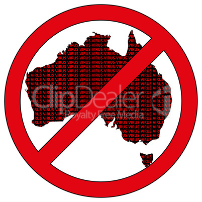 Australia silhouette with the word virus in prohibitory sign