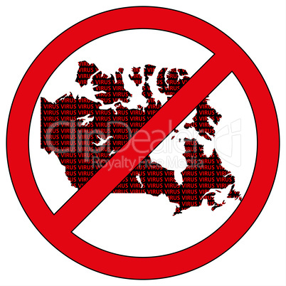 Canada silhouette with the word virus in prohibitory sign