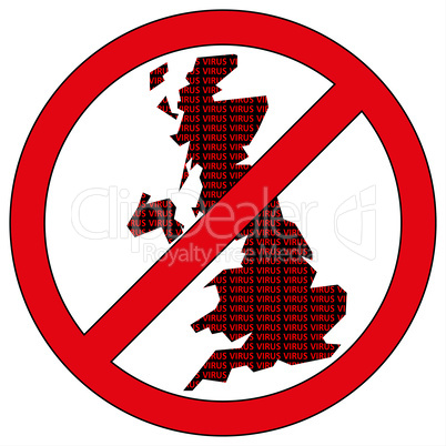 Great Britain silhouette with the word virus in prohibitory sign