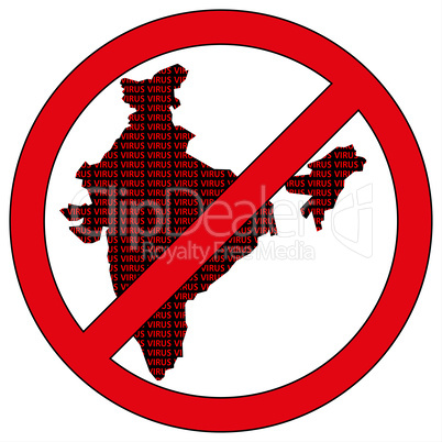 India silhouette with the word virus in prohibitory sign