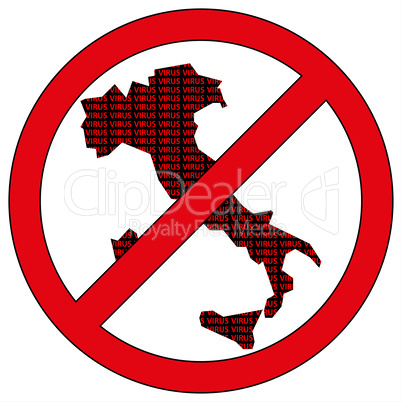 Italy silhouette with the word virus in prohibitory sign