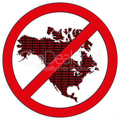 North America silhouette with the word virus in prohibitory sign